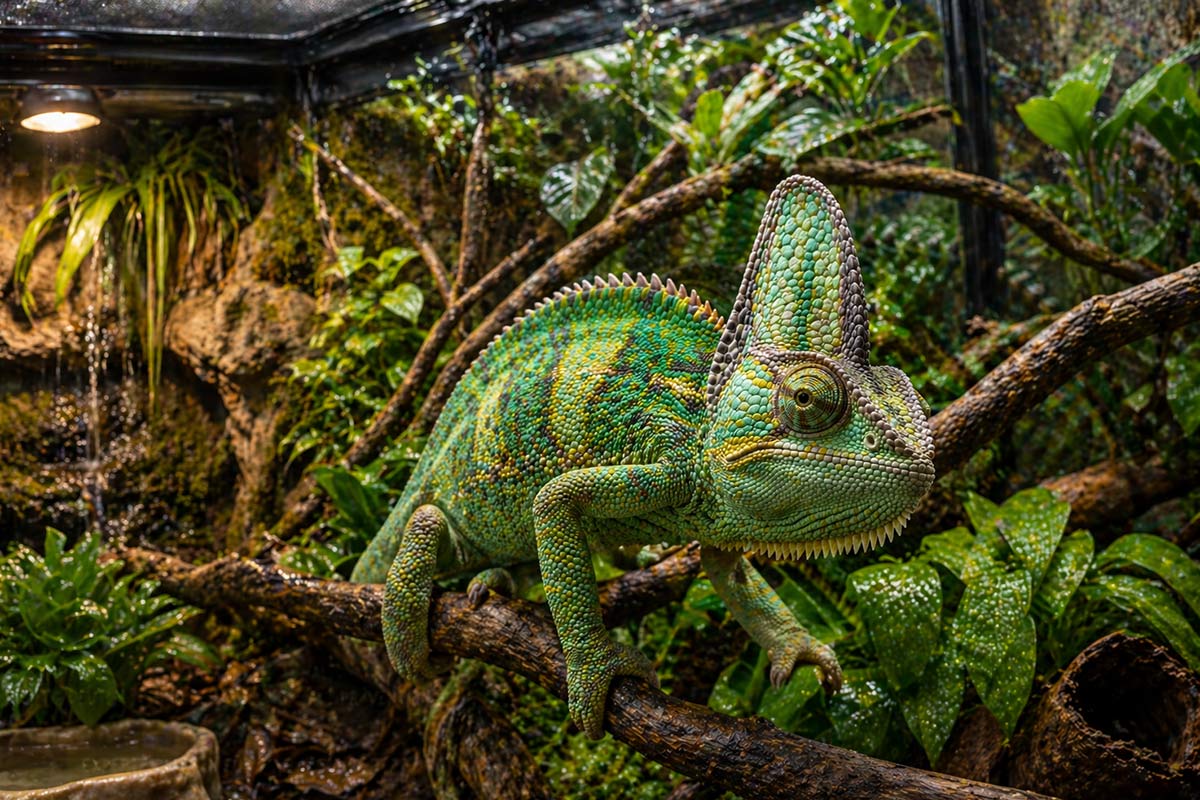Jemenchamäleon Erkrankungen erkennen und vorbeugen Jemenchamäleon auf Ast zur Darstellung von Reptilienkrankheiten