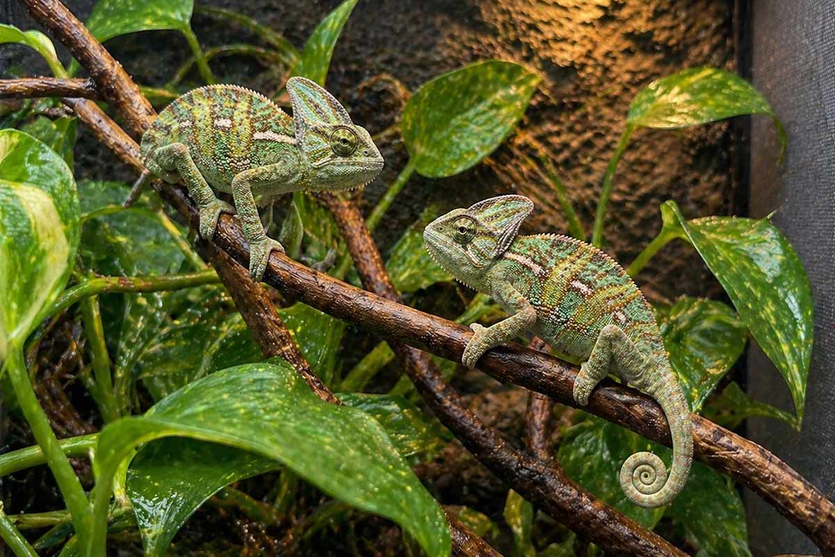 Zwei junge Jemenchamäleons im Terrarium Zwei junge Jemenchamäleons im Terrarium
