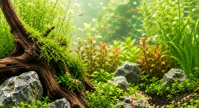 Bepflanztes Süßwasser-Aquarium (Aquascape) mit Neonsalmlern, roten Garnelen, Wurzel und Moos - Aquaristik bei Terraristikshop.net