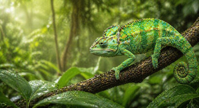 Chamäleon im Regenwald auf einem Ast - artgerechte Terrarium-Beleuchtung mit UVB-Strahlern und Tageslichtlampen