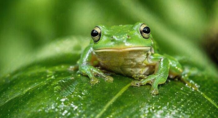 Grüner Laubfrosch auf einem nassen Blatt - naturnahe Terrarium-Einrichtung mit Pflanzen, Rückwänden und Bodengrund