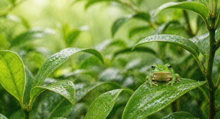Grüner Laubfrosch im Regenwald zwischen Blättern - über 23 Jahre Leidenschaft für artgerechte Terraristik bei Terraristikshop.net